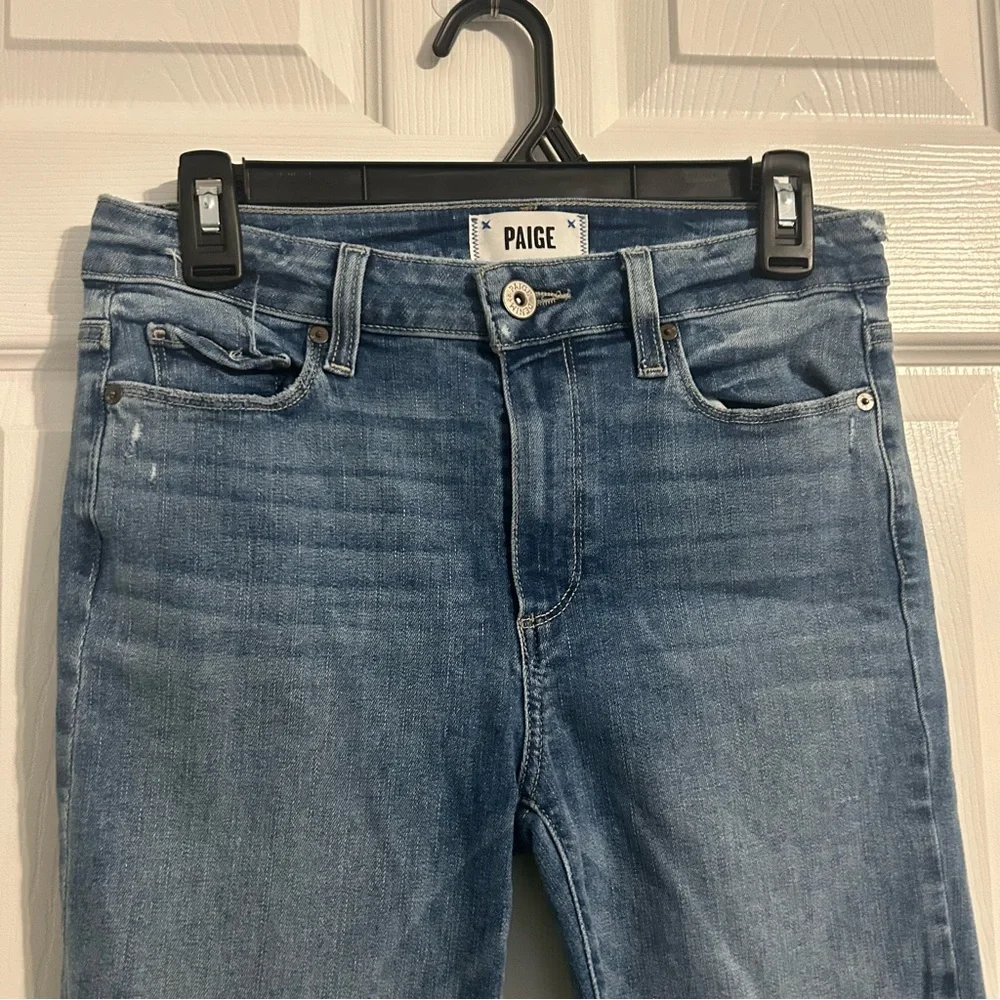 Paige Dark Wash Blue Skinny Crop Jeans Raw Distressed Hem